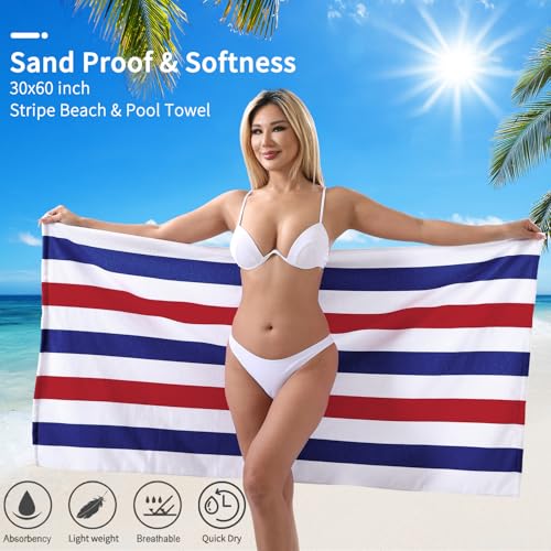 Beach Towel Set-4 Pack 30"x60" Sand Free Stripe Beach Towel for Pool,Bathroom,Soft Absorbent Quick Dry Lightweight Beach Bath Towel,Camping Blanket,Travel Towel,Beach Essentials for Adults,Red/Blue - color: Red/ Blue