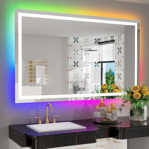 55x36 Inch RGB LED Bathroom Mirror Front Light and RGB Backlit Lighted Vanity Mirror for Bathroom Wall Mounted Dimmable Anti Fog Memory Shatter-Proof IP54 Waterproof Horizontal/Vertical - color: Rgb Backlit+front Lit, size: 55"L x 36"W