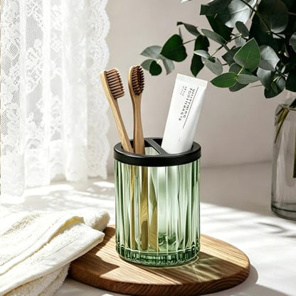 8oz Toothbrush Holders for Bathrooms, Green Striped Toothbrush Cup, Green | Bathroom Tumbler and Mouthwash Cup with Black Divider, Tooth Brush and Toothpaste Organizer for Countertop - color: Green