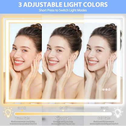 40" x 32" LED Bathroom Mirror with Anti-Fog & Touch Switch - Wall-Mounted Makeup Vanity Mirror, No Drilling Required, Smart Display (Square) - size: 39.4"L x 31.5"W