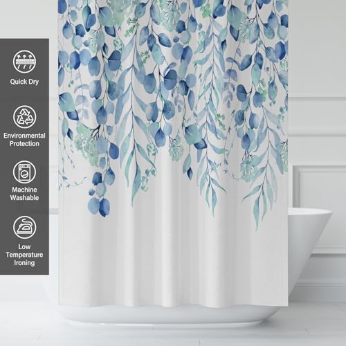KAIRA Fresh Style Blue Eucalyptus Shower Curtain, Watercolor Plant Leaves with Floral Bathroom Shower Curtain,72 x 72 Inches, Easy to Clean Waterproof Polyester Fabric Includes 12 Hooks - color: Blue