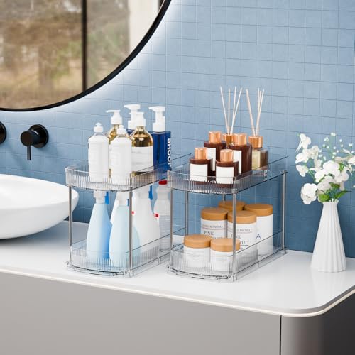 4 Pack Large Pull Out Bathroom Organizers and Storage,2 Tier 12.8″ Tall Sliding Kitchen Under Sink Organizer for Cleaning Products Storage,Acrylic Clear Bathroom inder Sink Organizer,Undersink Storage - style: 4 Pack-2 Tier