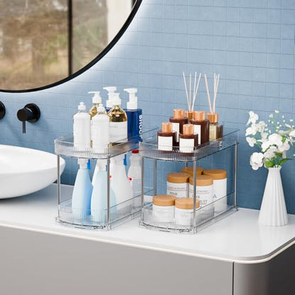 4 Pack Large Pull Out Bathroom Organizers and Storage,2 Tier 12.8″ Tall Sliding Kitchen Under Sink Organizer for Cleaning Products Storage,Acrylic Clear Bathroom inder Sink Organizer,Undersink Storage - style: 4 Pack-2 Tier