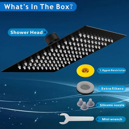 Voolan Rain Shower Head - High Flow Large Rainfall Shower Heads Made of Stainless Steel - Waterfall Bathroom Square Showerhead - Ceiling or Wall Mount (12 * 8 Inch Rectangle, Matte Black) - color: Matte Black, size: 12*8 Inch Rectangle