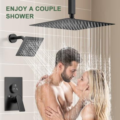 Matte Black Shower Faucet Set, Home Shower System with 3-Setting Push Button Diverter, 12" Ceiling Rain Shower Head & 6" Wall Mount Shower Head, 2-in-1 Handheld, Shower Valve Trim Kit - color: Matte Black