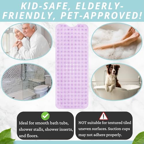 ENKOSI Non-Slip Bath & Shower Mat 40x16 Extra Long, Suction & Drain Holes | Clear Purple look; Durable PVC; 40x16 in, Clear Purple - color: Clear Purple