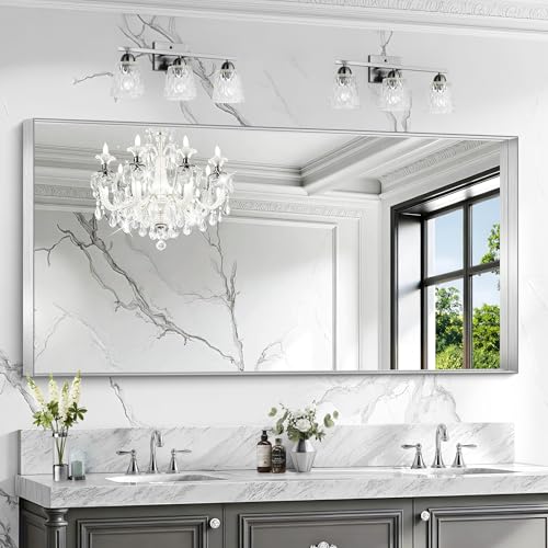 CIRCUMI Silver Bathroom Mirror, 30"x60" Rectangular Mirror for Vanity | Deep Metal Frame, Brushed Finish, Shatter proof, Tempered Glass, Installed Vertically/Horizontally, Mirror for Wall,Over Sink - color: Squared Corner Silver, size: 60"L x 30"W