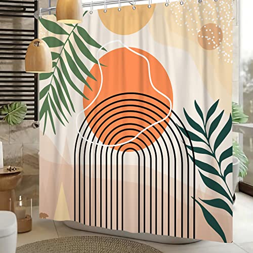 Boho Abstract Mid Century Shower Curtain Set - Geometric Leaves Neutral Modern - Green Plant Eucalyptus - Arch Sun Bathroom Curtain - 72x72 Inch - color: Boho Sun, size: 72"W x 72"L (Pack of 1)