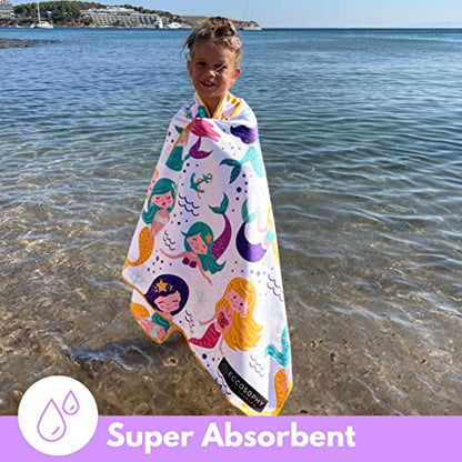 Microfiber Kids Toddler Beach Towel, Quick Dry, Sand Free, 60x30 | Pool towel, ultra-soft, girls and boys, travel pouch, camping travel vacation, toallas playas - color: Mermaids