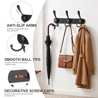 YUNISS Coat Rack Wall Mounted，5 Tri Stainless Steel Coat Hook for Coat Hat Robes Towel in Mudroom Entryway (Black, 2 Pack 3 Hook) - color: Black, size: 2 Pack 3 Hook