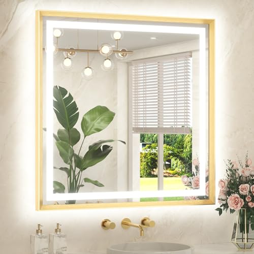 Led Bathroom Mirror 36 x 36 with Brushed Gold Frame Anti-Fog Frontlit & Backlit Vanity Mirror Stepless Dimmable Lighted Mirrors for Bathroom Wall 3 Colors White/Warm/Natural Wall-Mounted - color: Brushed Gold, size: 36"L x 36"W