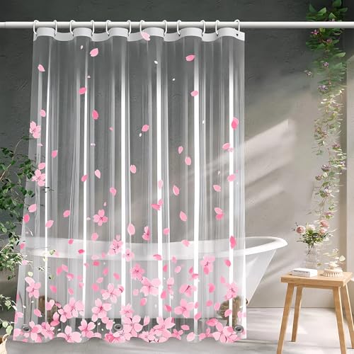 Clear Pink Floral Shower Curtain Liner, Cute Plastic Transparent Cherry Blossom Shower Curtain, Girly Flower Petals Spring Shower Curtains for Bathroom, 72x72 Shower Curtain Set with Magnets 12 Hooks - color: Clear Pink Floral, size: 72"W x 72"L (Pack of