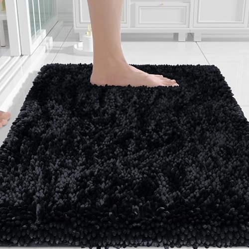 Yimobra Chenille Black Bathroom Rug, Ultra Soft Non Slip Bath Mat, 24 x 17 | Small Bath Rug, Ultra Soft Non Slip Washable Bath Mat, Super Absorbent Quick Dry, Rubber Backing for Bathroom Floor, Sink - color: Black, size: 24" X 17"