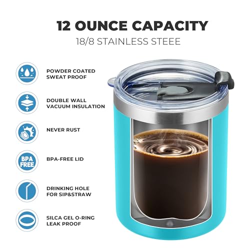 MEWAY 12 oz Lowball, Tumbler Stainless Steel Double Wall Vacuum Insulated Mug with Straw and Lid, Cleaning Brush ，Durable Powder Coated Insulated Coffee Cup for Cold & Hot Drinks (Light Blue,4 pack) - color: Light Blue