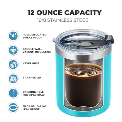 MEWAY 12 oz Lowball, Tumbler Stainless Steel Double Wall Vacuum Insulated Mug with Straw and Lid, Cleaning Brush ，Durable Powder Coated Insulated Coffee Cup for Cold & Hot Drinks (Light Blue,4 pack) - color: Light Blue