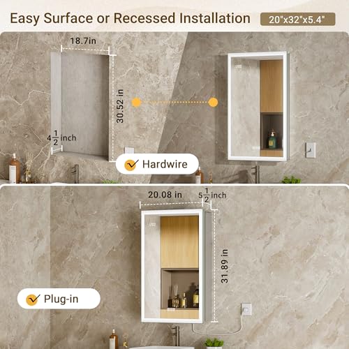 20x32 Medicine Cabinet Mirror with Double Lights & Clock, Front+Backlit Surface or Recessed Fogless Lighted Medicine Cabinet Mirror, 155°Soft-close Right Hinge,Time-Display,Outlet,Inner Light - size: 20x32'' (Right Hinge)