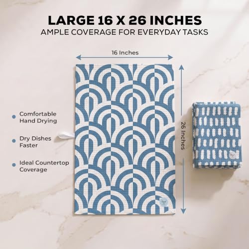 Kitchen Towels, Dish Towels for Kitchen, 2 Pc Kitchen Towel Set | Microfiber Waffle Towels, 16 x 26 inches, with Hanging Loops, Reusable Tea Towels, Cute Kitchen Towels - 2 Pack - color: Blue Geometric