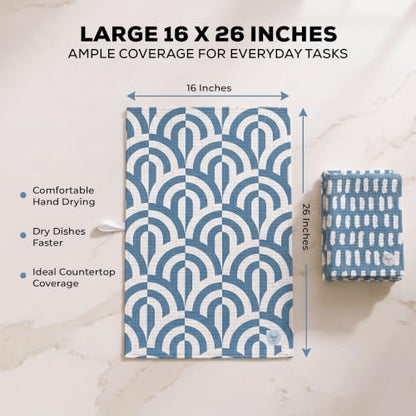 Kitchen Towels, Dish Towels for Kitchen, 2 Pc Kitchen Towel Set | Microfiber Waffle Towels, 16 x 26 inches, with Hanging Loops, Reusable Tea Towels, Cute Kitchen Towels - 2 Pack - color: Blue Geometric