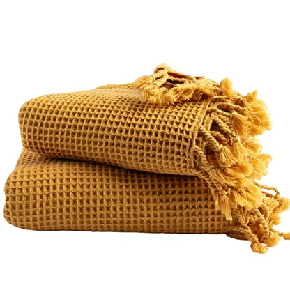 PÜSKÜL 2-Piece Luxury Natural 100% Turkish Cotton Beach Towels Waffle Weave | Mustard, Oversize 35x70" Bath Sheet Towel Lightweight Soft Absorbent Quick-Dry Sand-Free Peshtemal Oeko-Tex Made in Turkey - color: Mustard Yellow