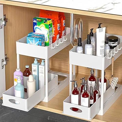Growsun 2 Pack Under Sink Organizer and Storage Pull Out Cabinet 2 Tier Sliding Drawer Kitchen Cabinet Organizer Sturdy Bathroom Storage, White - color: 2 Pack White