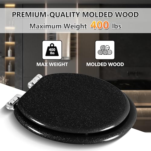 Angol Shiold Glitter Toilet Seat Molded Wood Round Toilet Seat with Quietly Close and Quick Release Hinges, Easy to Install also Easy to Clean (Round 16.5'', Black) - color: Black, size: Round 16.5‘’