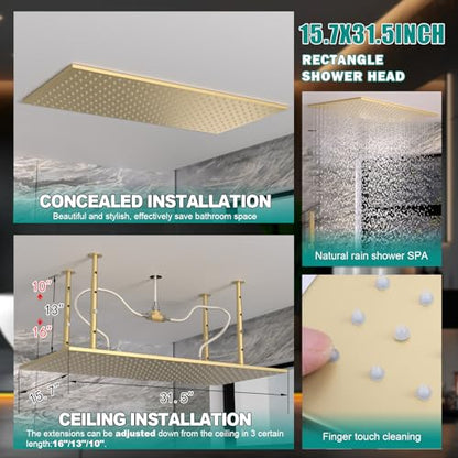 HOMEDEC 15.7x31.5" Rainfall and 6" Dual Shower Heads with Handheld Spray Combo, Full Body Shower System with 6pcs Body Jets, Brushed Gold - color: Brushed Gold, style: 4-Way + 1x 6" Top