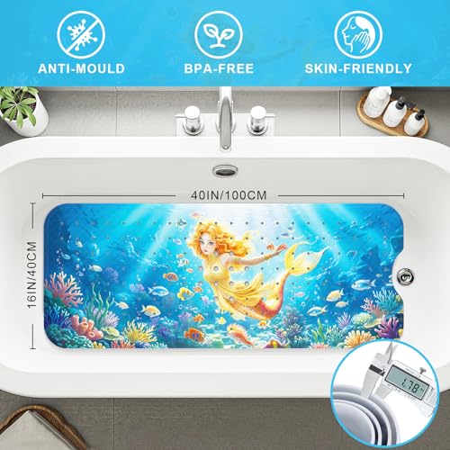 Upgrade Cartoon Baby Bath Mat Non Slip - 40"x16" Extra Long Bathtub Mat for Baby Eco Friendly Durable Bath Mat for Tub Non Slip Kids Tub Mat with Suction Cups, Machine Washable and No Fading, Mermaid - color: G-mermaid-4