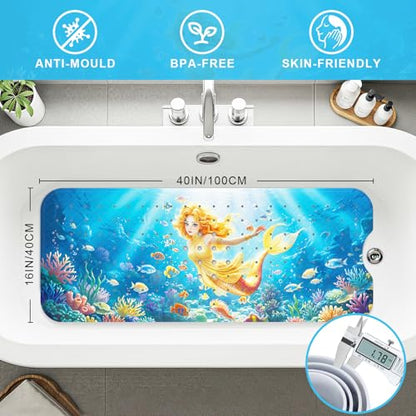 Upgrade Cartoon Baby Bath Mat Non Slip - 40"x16" Extra Long Bathtub Mat for Baby Eco Friendly Durable Bath Mat for Tub Non Slip Kids Tub Mat with Suction Cups, Machine Washable and No Fading, Mermaid - color: G-mermaid-4