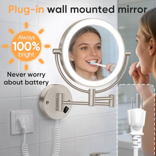 FUNTOUCH Plug in Wall Mounted Lighted Makeup Mirror 1X/30X Magnifying | AC Powered Double-Sided Magnification Bathroom Mirror with Lights,3Lighting Mode,Extended Arm 360 Rotation Light up Mirrors - color: Nickel
