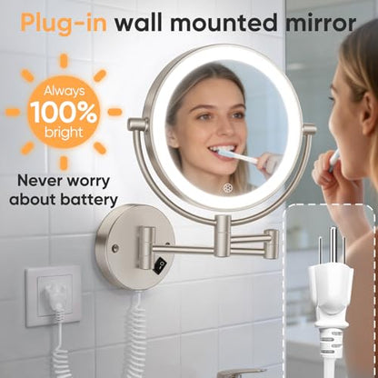 FUNTOUCH Plug in Wall Mounted Lighted Makeup Mirror 1X/30X Magnifying | AC Powered Double-Sided Magnification Bathroom Mirror with Lights,3Lighting Mode,Extended Arm 360 Rotation Light up Mirrors - color: Nickel