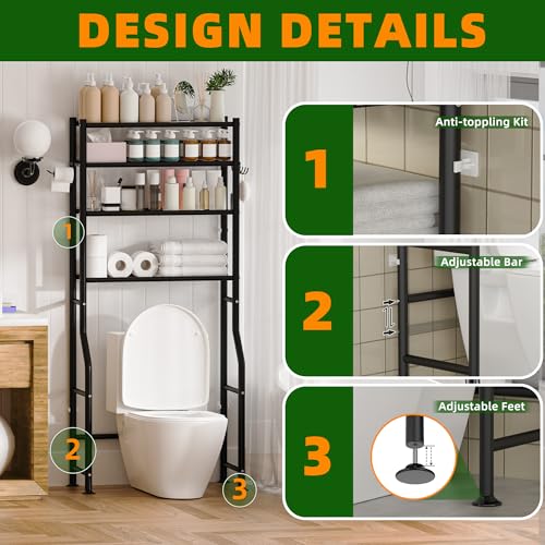 GloTika 4-Tier Over Toilet Storage, Anti-Tilt, 64" H, Black | Anti-Tilt Safety System, 150lb Capacity, Carbon Steel, Freestanding, No Drilling, Anti-Rust Coating, Paper Holder & 4 Hooks - color: Black, size: 4-Tier