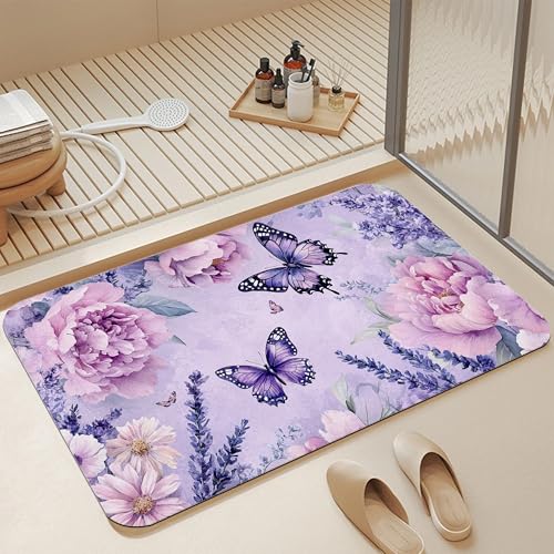 Bath Mats for Bathroom,Purple Flowers Bathroom Rugs,Watercolor Butterfly Diatomaceous Bath Rug Quick Dry, Non Slip Super Absorbent Low Profile Doormat for Home Kitchen Patio 17 X 29.5 Inch - color: Purple Flowers