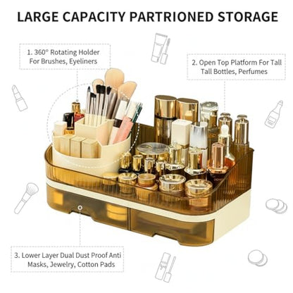 Makeup Organizer Countertop with Dual Drawers | Plastic, Vanity Bathroom Desk, 360° Rotating, Easy Clean, Cosmetic Skincare - color: brown