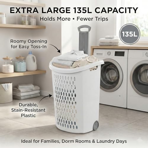 Wheeled Plastic Laundry Hamper,Ultra Wheeled Design Clothes Laundry Basket,Extra Large 135L Pull Handle & Side Grips Plastic Ventilated Clothes Basket for Home, Dorm, or Apartment