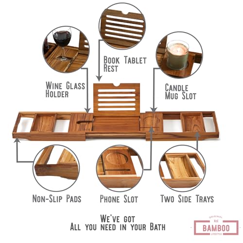 Teak Bathtub Caddy Tray with Book Stand & Soap Holder, Teak | Expandable to 41 Inches & Anti-Slip Pads for Luxury Bath Spa - color: Teak