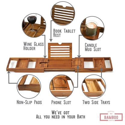 Teak Bathtub Caddy Tray with Book Stand & Soap Holder, Teak | Expandable to 41 Inches & Anti-Slip Pads for Luxury Bath Spa - color: Teak