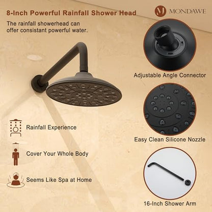 MONDAWE 8 Inch Wall Mounted Shower Faucet Set in Matte Black, Rainfall Shower Head with 3-Setting Handheld Spray Shower Set Combo, High Pressure Shower System with Solid Brass Valve - color: Matte Black, style: 8 IN - Without Tub Spout