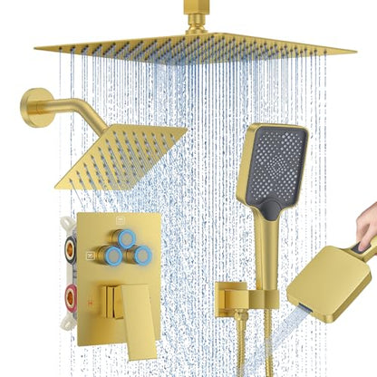 Shower Faucet Set, 12" Ceiling Mount Rainfall Shower System with 2 Rain Shower Head and Multi-function Handheld Head Push Button Diverter Shower Faucet Trim Kit (12", Brushed Gold) - color: Brushed Gold, style: 12"-Ceiling-01