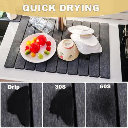 Stone Drying Mat for Kitchen Counter, 24"L x 16" W Quick Stone Dish Drying Mat Diatomaceous Earth Super Fast Absorbent Collapsible Countertop Kitchen Mats Grey