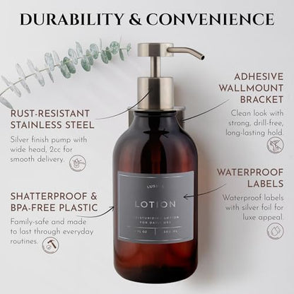 Shower Shampoo Dispenser Wall Mounted – 3 Refillable 16.9 oz Amber Bottles with Stainless Steel Pumps & No-Drill Adhesive Holders – Soap Dispenser Set for Bathroom (3 X Amber/Silver) - color: 3 X Amber/Silver