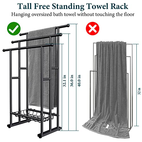 Kayfia 40'' Freestanding 3 Tier Alloy Steel Towel Rack with Storage Basket | Dual-Use Drying & Display Rack, Holds Oversized Bath Towels & Blankets, Fits Bathroom, Tub, Shower, Poolside, Black