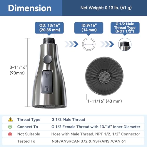 Kitchen Faucet Head Replacement with 3 Modes, Pull Down Spray Head for Kitchen Faucet, Kitchen Sink Sprayer Replacement Compatible with Moen, American Standard, Kohler Faucets - color: Brushed