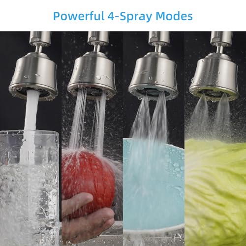Faucet Aerator 4 Modes, 360° Swivel Faucet Sprayer Head, Brushed Nickel | 55/64" Sink Faucet Head for Bathroom & Kitchen faucets, 2 Large-Angle Rotating Metal Joints, Extra 15/16" Male Adapter - color: Brushed Nickel, style: 2 Swivel Joints
