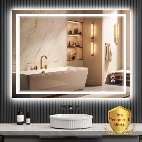 Upgraded Led Bathroom Mirror with Front and Backlit, 48x36 Inch Led Mirror for Bathroom, Anti-Fog, Acrylic Side, Top Tempered Glass, Dimmable, Rotatable Led Bathroom Vanity Mirror - size: 48"L x 36"W