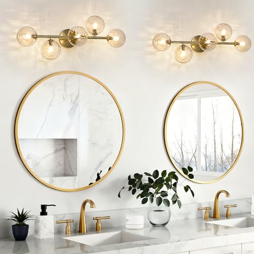 5 Lights Bathroom Vanity Light,Brushed Gold Globe Bathroom Light Fixtures | Hammered Clear Glass Wall Sconce Lighting,Mid Century Modern Brass Bubble Glass Bathroom Vanity Lights over Mirror,G9 Base - color: Gold Hammered Glass, size: G9 Base