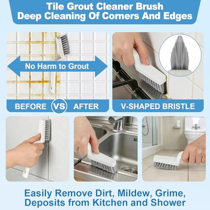 11Pcs V-Shaped Grout Cleaning Brush Set, with Stiff Bristles Crevice Cleaning Brush and Steel Scraper, Deep Cleaning Supplies for Cleaning Bathrooms, Kitchens, Tiles and Windows