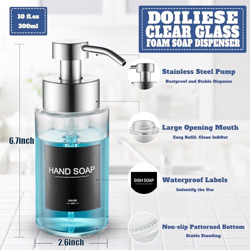 Glass Foaming Hand Soap Dispenser 10 oz Easy Refill 2 Sets | Stainless Steel Pump and Waterproof Labels, Glass Soap Dispenser, Clear Foam Soap Bottle for Bathroom Countertop - color: Brushed Nickel Foam 2pc
