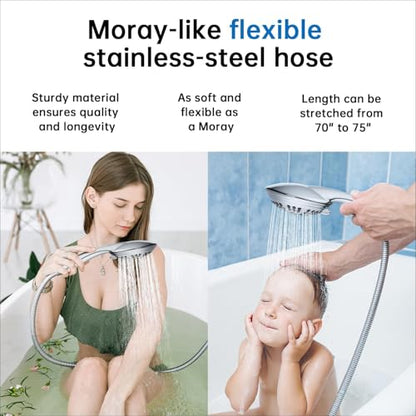 G-Promise Shower Head with Metal Shower Holder and Long Hose | High Pressure, Solid Brass Holder, 6 Spray Settings, 70" to 75" Stainless Steel Hose, Adjustable Angle, Easy DIY - color: Chrome