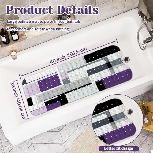 Purple Black Bath Tub Mat Non Slip, Modern Geometric Large Washable Shower Mats with Drain Holes and Suction Cups,40 X 16 Inch - color: Purple Black
