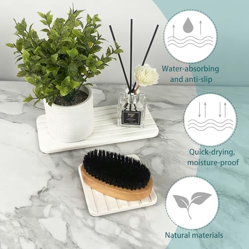 2-Pc Diatomite Coaster Set with Non-Slip Pads & Sandpaper, Quick-Dry Absorbent Mat for Sink & Stone Soap Tray, Suitable for Kitchen Countertops, Bathroom Scenarios - White
